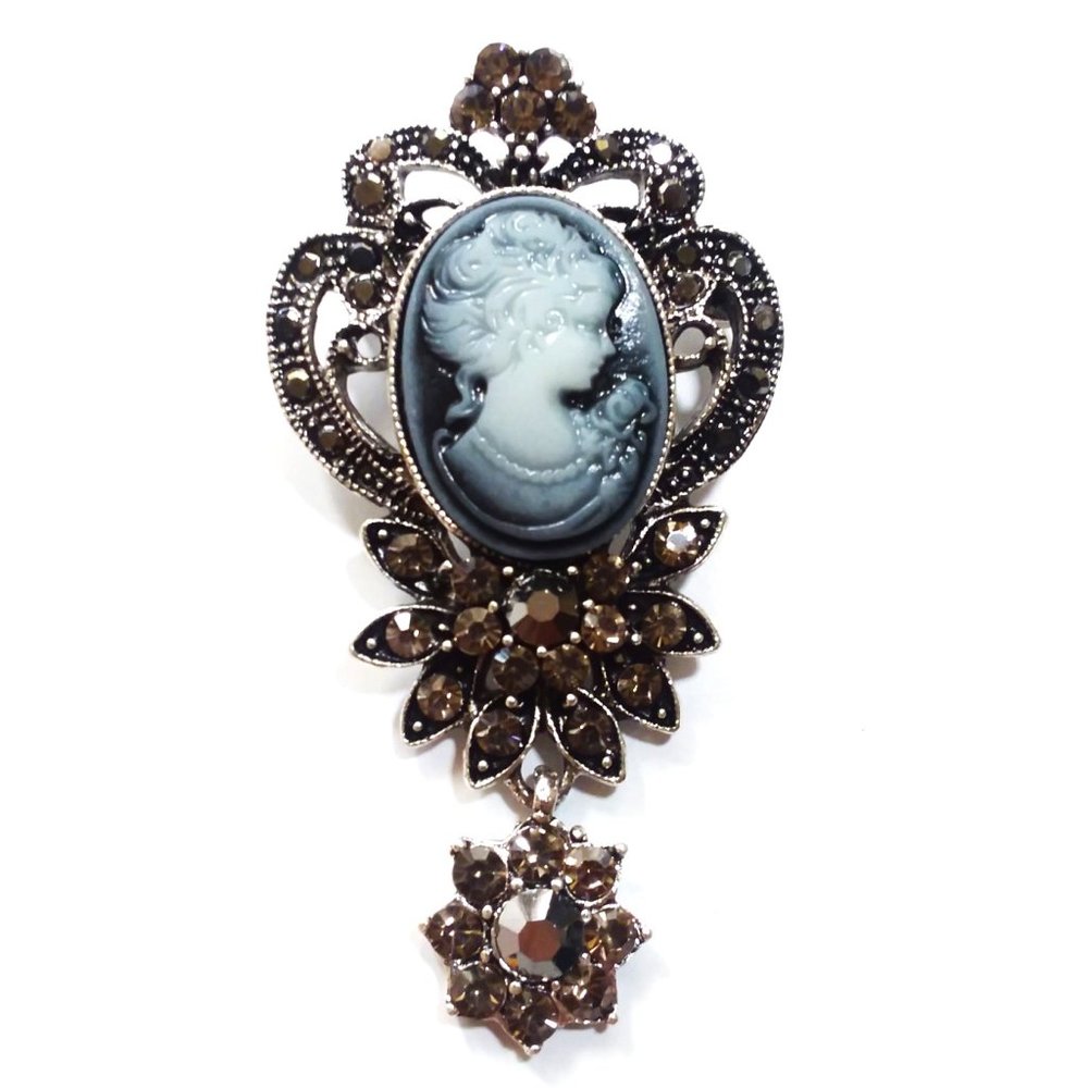 Cameo Brooch Vintage Style Rhinestone Pin Dangle Antique Silver Hollywood Glam